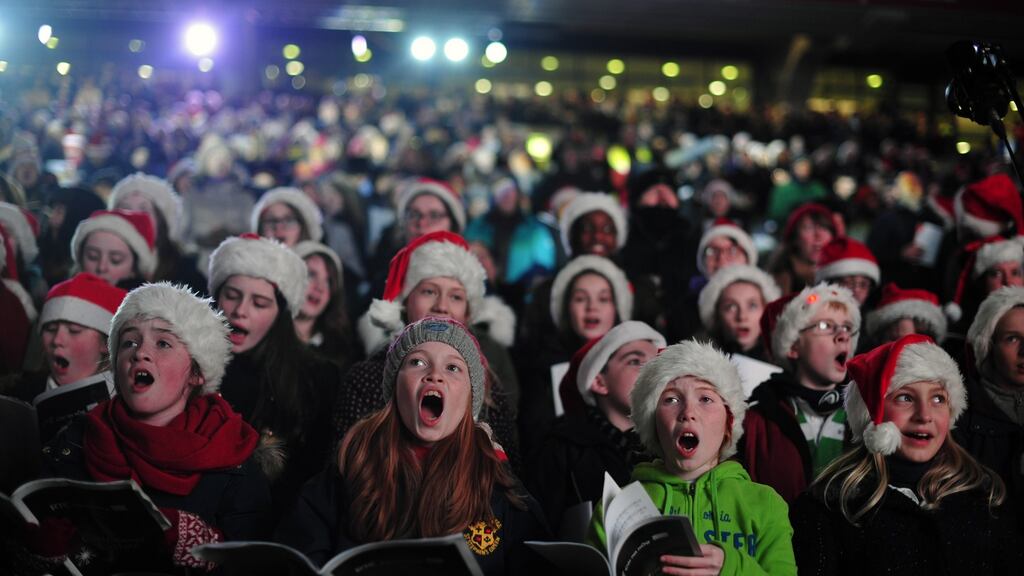 Sarah Crowe, Emily Doyle, Maria Doyle and Katie Stoker Phelan of the RTÉ Cór na nÓg children’s choir in Croke Park in December 2013. Photograph: Aidan Crawley
