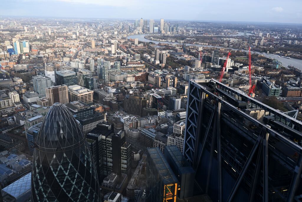 An aerial view of the financial district in the City of London.