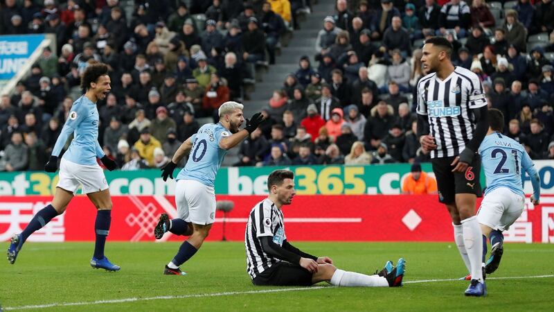 Manchester City’s Sergio Aguero celebrates scoring after just 25 seconds. Photograph: Lee Smith/Reuters