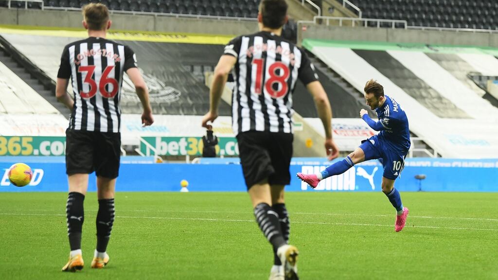 James Maddison of Leicester City scores his side’s first goal during the Premier League match against Newcastle United at St James Park. Photo: Michael Regan/Getty Images