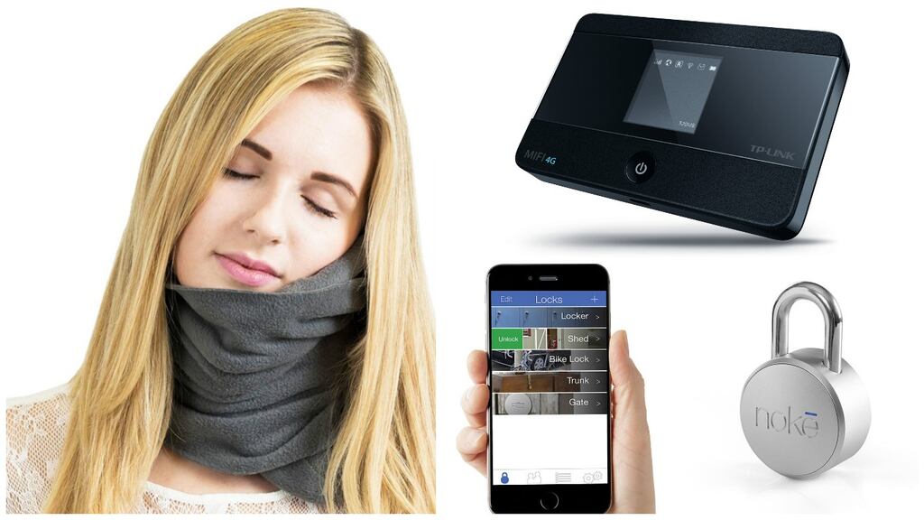 Clockwise from left: Trtl Travel Pillow; Mobile WiFi Route; Noke Keyless Padlock