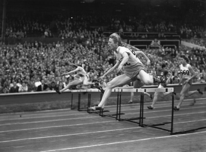 Dutch athlete Fanny Blankers-Koen during the Olympic Women's 80m hurdles which she won. She won four gold medals in these Olympics. Photograph: Keystone/Getty Images