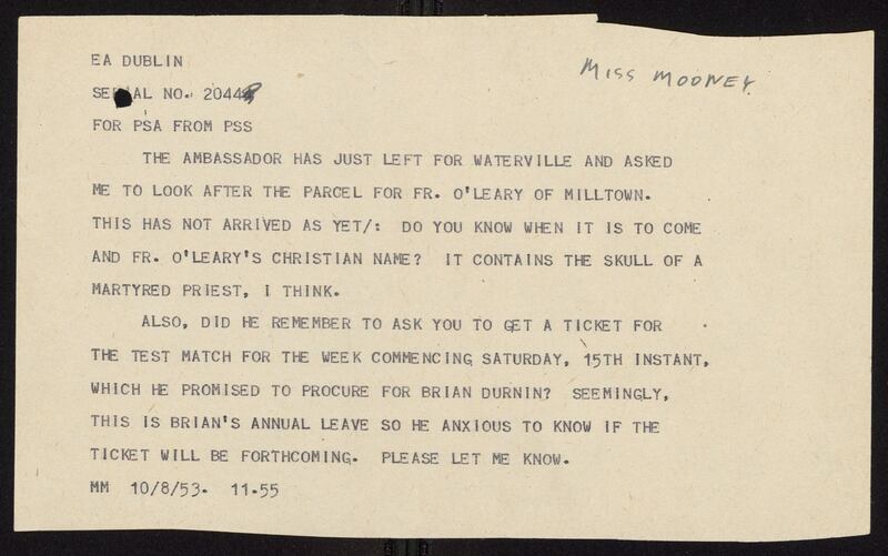 The everyday challenges of diplomacy: two slightly incongruous issues are mentioned in this dispatch, from August 1953, by May Mooney, private secretary to the secretary of the department, Sean Nunan. (National Archives of Ireland)