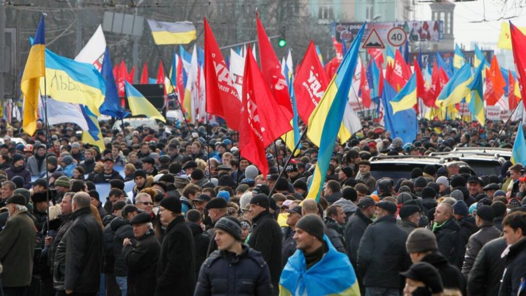 People in support of the EU integration hold a rally in Kiev today. Ukrainian president Viktor Yanukovich said in a statement today that he will speed up the process of moving Ukraine closer to the European Union. Photograph: Gleb Garanich/Reuters