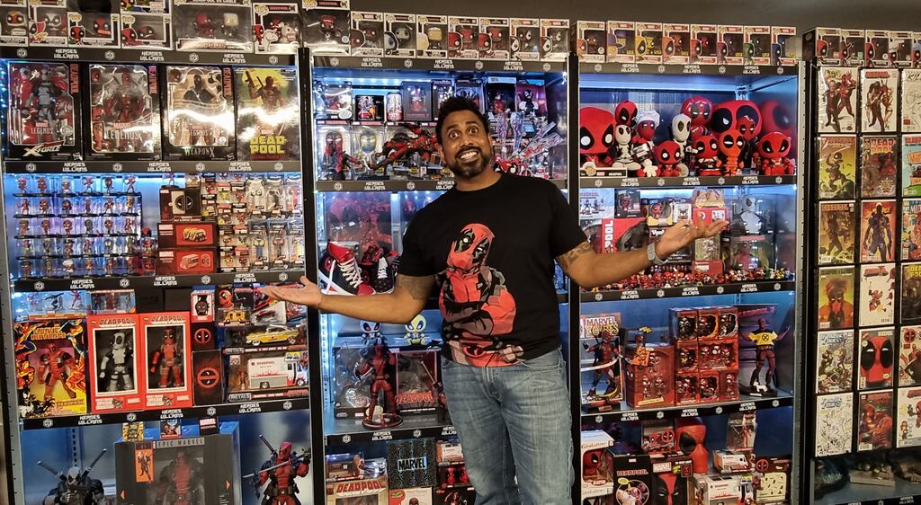 Gareth Peter Pahliney first kicked off his collection in 2006 and has since created his "happy place" full of Deadpool-related pieces, including a themed spatula, pot plant holder, and a life-sized statue of the Marvel superhero. Photograph: PA