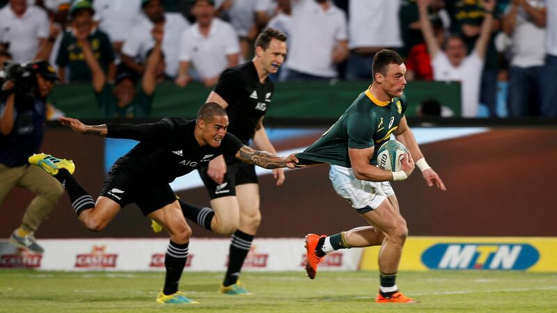 South Africa’s Jesse Kriel scores a try during the Rugby Championship match against New Zealand at Loftus Versfeld stadium in Pretoria. Photograph: Siphiwe Sibeko/Reuters