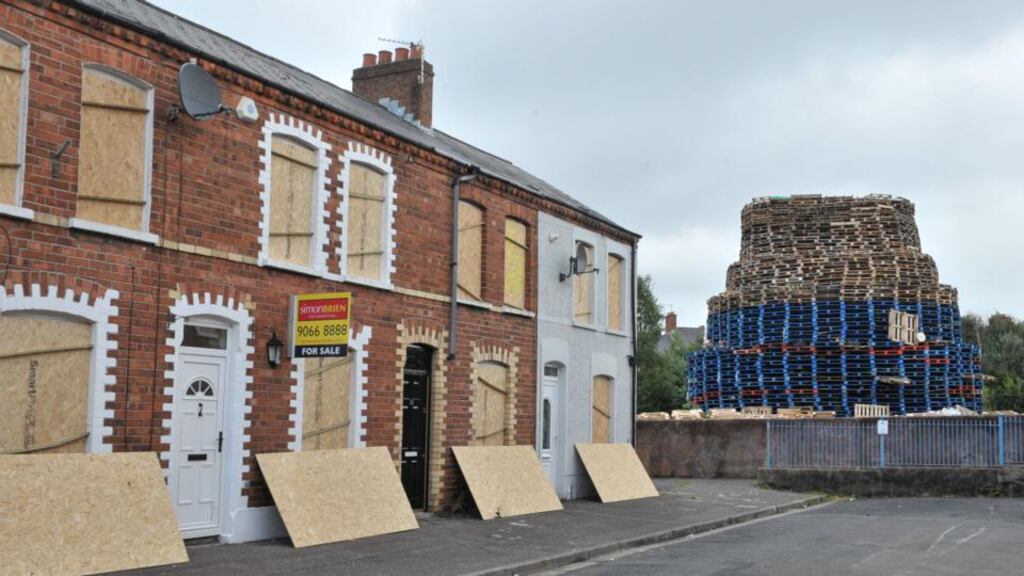 The huge loyalist “Eleventh Night” bonfire that is threatening homes in Chobham Street in east Belfast.