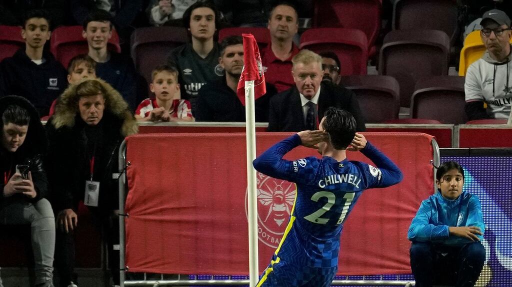 Chelsea’s Ben Chilwell celebrates after scoring the opening goal during the Premier League win over Brentford. Photo: Matt Dunham/AP Photo