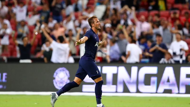 Harry Kane celebrates his winner against Juventus. Photograph: Pakawich Damrongkiattisak/Getty