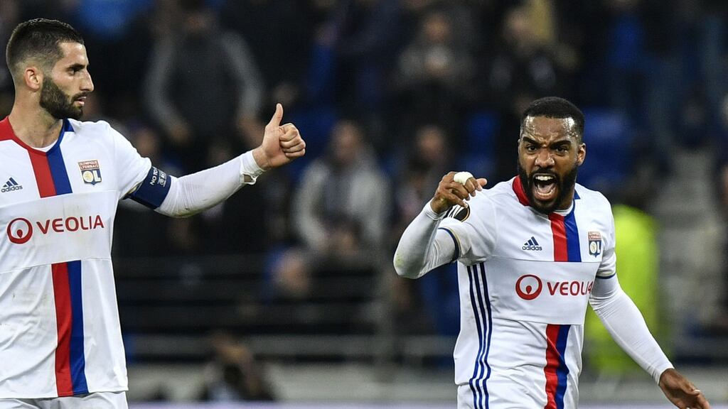 Lyon’s French forward Alexandre Lacazette celebrates after scoring a goal during the Europa League semi-final second leg against Ajax at the Parc Olympique Lyonnais. Photograph: Jeff Pachoud/AFP/Getty Images