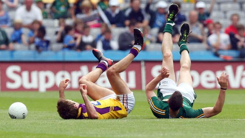 Meath’s Michael Newman (right) and Wexford’s Brian Malone at Croke Park. Photograph: Donall Farmer/Inpho