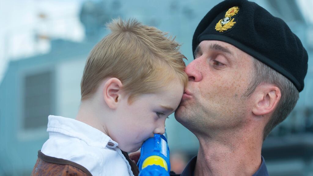 Chief Petty Officer Colm Goulding with his son Daragh (5) in Haulbowline, Cork,  on the eve of the departure of Naval Service patrol ship LÉ William Butler Yeats. Photograph: Michael Mac Sweeney/Provision