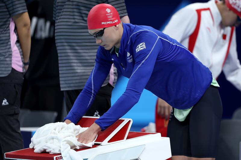 Jack McMillan of Team GB prepares to compete in the Olympic Men’s 4x200m Freestyle Relay heats in Paris. Photograph: Sarah Stier/Getty Images