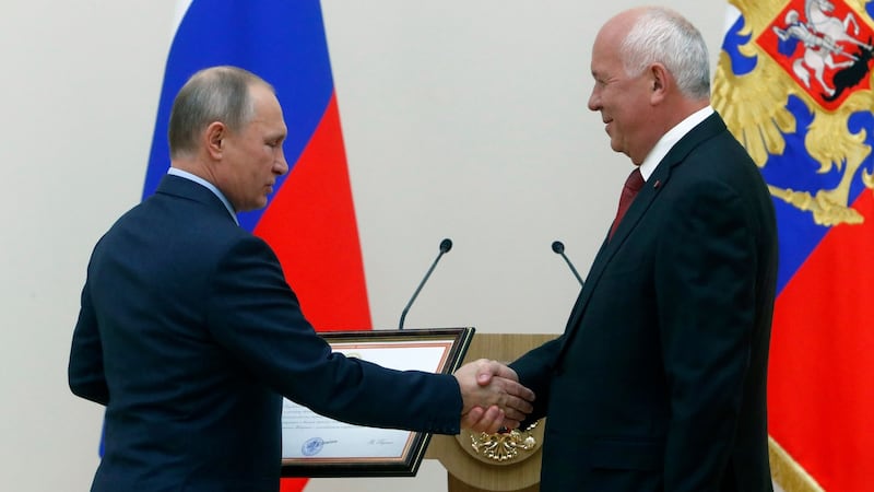 Russian president Vladimir Putin and Rostec chief executive Sergei Chemezov at the Novo-Ogaryovo state residence outside Moscow in 2017. Photograph: Sergei Karpukhin/AFP via Getty Images
