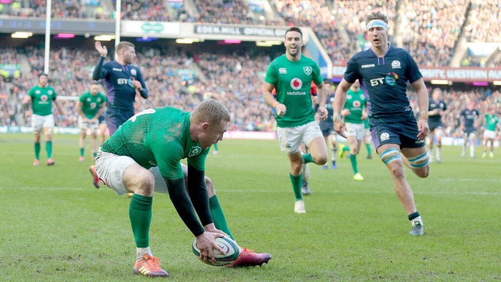 Keith Earls of Ireland scores his side’s third try during the Six Nations win over Scotland at Murrayfield. Photo: Graham Stuart/PA Wire