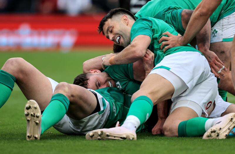 Ireland’s Conor Murray and Hugo Keenan celebrate the latter's try against France at the Aviva Stadium. Photograph: Dan Sheridan/Inpho