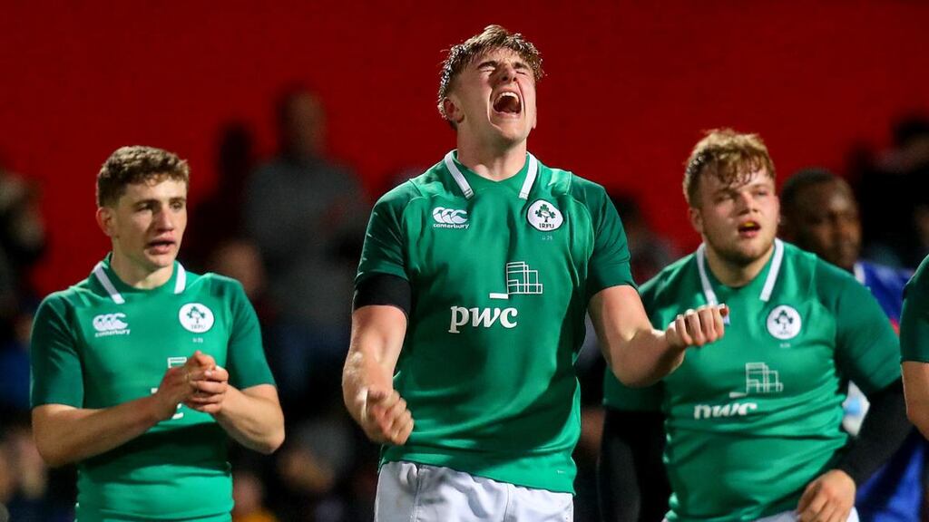 Charlie Ryan celebrates Ireland under-20s win over France. Photograph: Oisin Keniry/Inpho