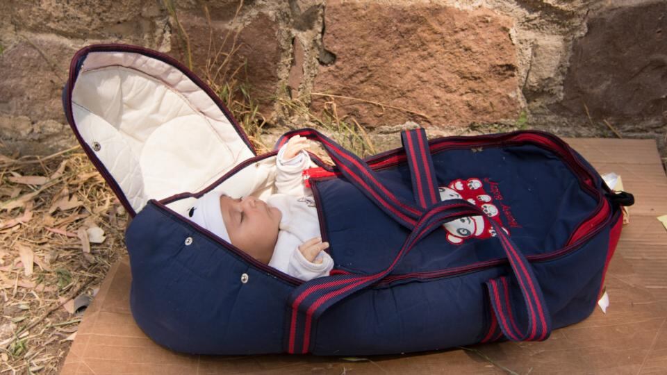 Baby Gayith (30 days old), pictured on Lesvos on Tuesday. Born in Turkey to Iraqi refugees from Mosul, he arrived on a boat with 40 others to Molyvos on June 2nd with his parents, Arkan and Abir, and two siblings. Arkan said he was an employee of the Iraqi state bank in Mosul, but fled to Kurdish Iraq when the city was captured by Islamic State in June 2014. “Only God in heaven knows where we will go next,” he said. Photograph: Nikolas Georgiou