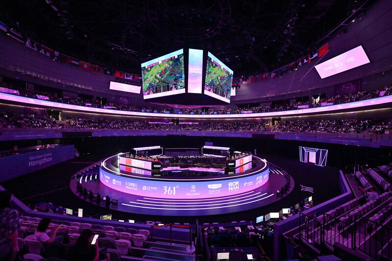 The purpose-built Esports Centre in Hangzhou, a 5,000-seat stadium where spectators watch players compete on giant screens. Photograph: Adek Berry/AFP via Getty Images
