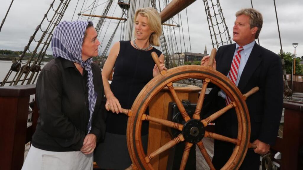 Rory Kennedy (centre) and Ted Kennedy jnr with actor Anne Marie Kennedy on board the Dunbrody at New Ross yesterday. Photograph: Mary Browne