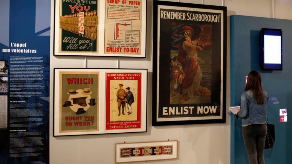 British recruitment posters for the first World War are presented in the exhibition “Join Now! The British Empire’s Entry into The War” which opens today. Photograph: Benoit Tessier/Reuters
