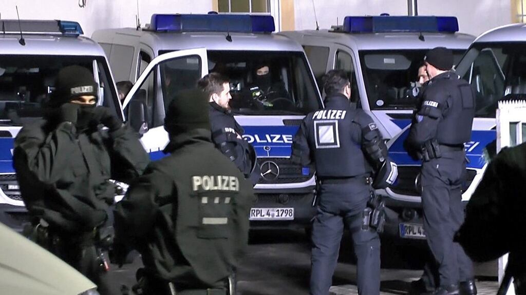 German police search the Bilal Mosque in Frankfurt. More than 1,100 police raided 54 premises including homes, businesses and mosques in Frankfurt and other towns in the state of Hesse. Photograph: Friedrich Demel/EPA