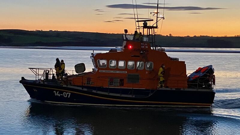 Four men rescued from the Horizon trawler were transferred to the RNLI vessel Frederick Storey Cockburn, which arrived back to Courtmacsherry at around 5am on Friday. Photograph: RNLI