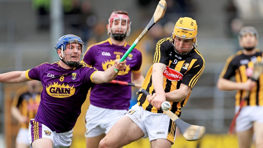 Kevin Foley of Wexford attempts to block Kilkenny’s Richie Leahy during the Allianz Hurling League Division 1A match at Nowlan Park. Photograph: Donall Farmer/Inpho