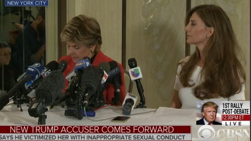 Screengrab of Karena Virginia (right) with lawyer Gloria Allred, claiming sexual misconduct in 1998 against Donald Trump. Screengrab: CBS News
