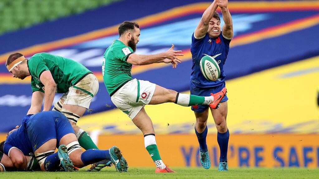 Ireland’s Jamison Gibson-Park is put under pressure by France’s Antoine Dupont during the Six Nations game at the Aviva stadium. Photograph: James Crombie/Inpho
