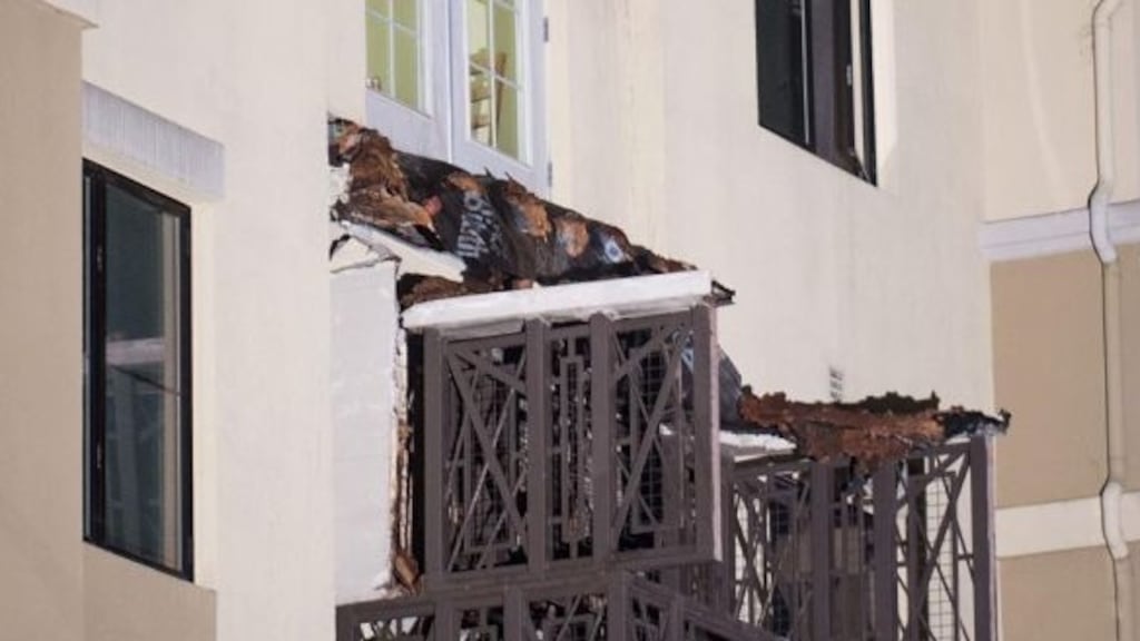 File photo shows fourth floor balcony resting on the balcony below after collapsing at the Library Gardens apartment complex in Berkeley, California causing the deaths of six Irish students. Photograph: AP Photo/Noah Berger