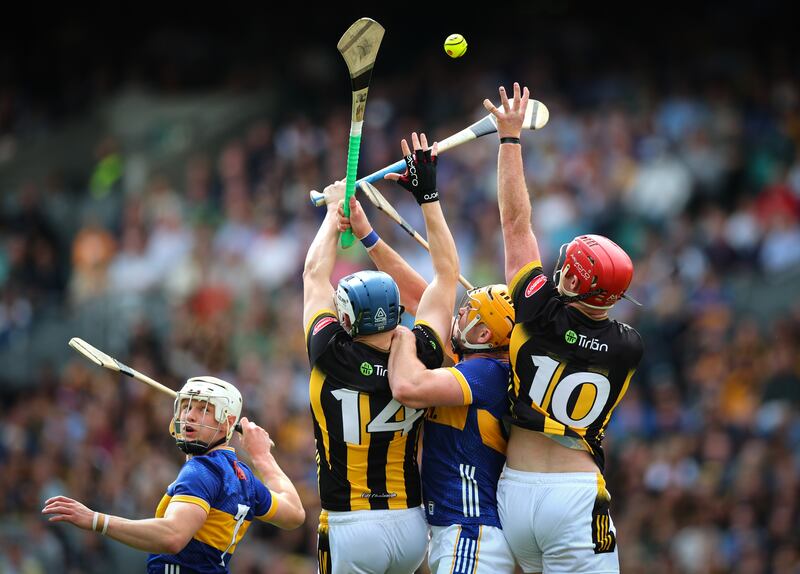 Tipperary’s Bryan O'Mara and Ronan Maher compete for a high ball with Kilkenny's TJ Reid and Adrian Mullen. Photograph: James Crombie/Inpho