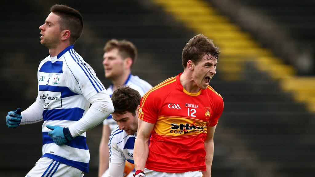 Neil Douglas celebrates scoring the second goal for Castlebar Mitchels in the Mayo SFC final against Breaffy at MacHale Park in Castlebar. Photograph: Cathal Noonan/Inpho