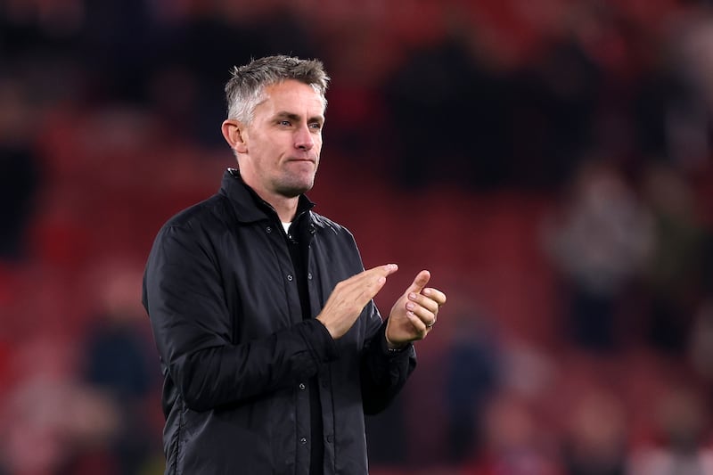 MIDDLESBROUGH, ENGLAND - OCTOBER 17: Kieran McKenna, Manager of Ipswich Town, applauds the fans following the Sky Bet Championship match between Middlesbrough and Ipswich Town at Riverside Stadium on October 17, 2025 in Middlesbrough, England. (Photo by George Wood/Getty Images)