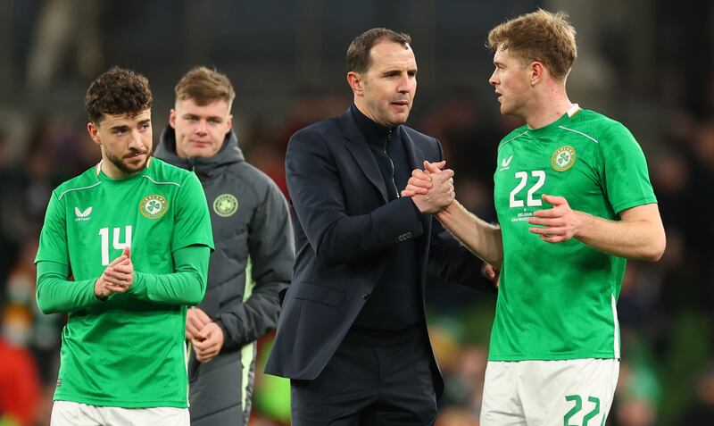 Ireland's interim manager John O’Shea and Nathan Collins after the international friendly against Belgium at the Aviva Stadium on March 23rd. Photograph: James Crombie