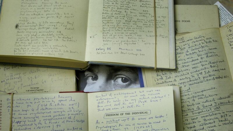 A selection of handwritten notes in some of the books from author Iris Murdoch’s working library. Photograph: Ian Nicholson/ PA Images via Getty