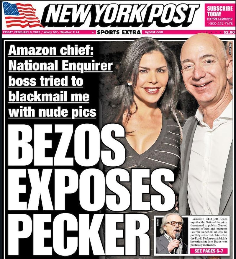 The front-page of the New York Post, reporting on Mr Bezos’s allegations