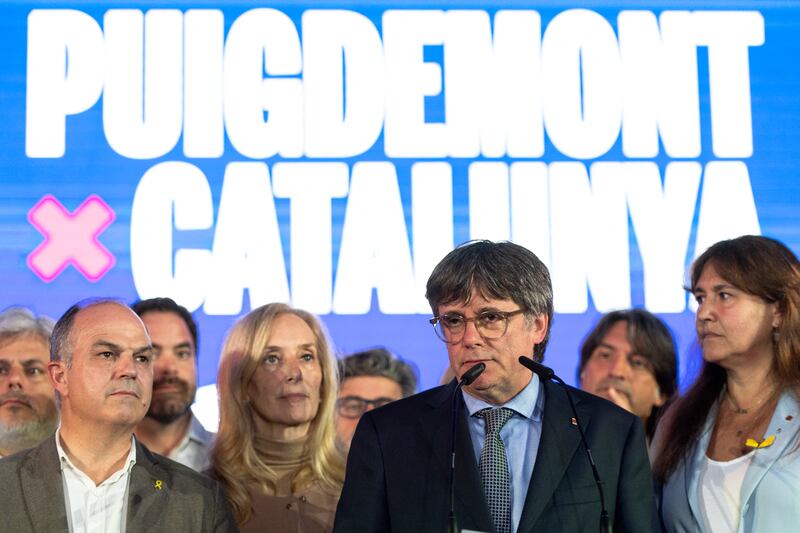 Exiled Catalan separatist leader and founder of the Together for Catalonia party Carles Puigdemont at the party's headquarters in southwestern France on Sunday. Photograph: Matthieu Rondel/AFP via Getty Images