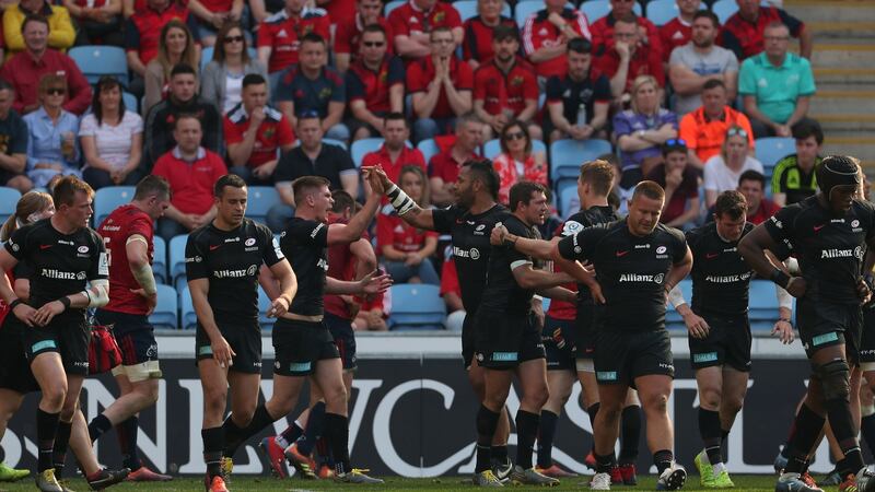 Saracens’ Billy Vunipola and Owen Farrell celebrate their Champions Cup semi-final victory over Munster. Photograph: Billy Stickland/Inpho