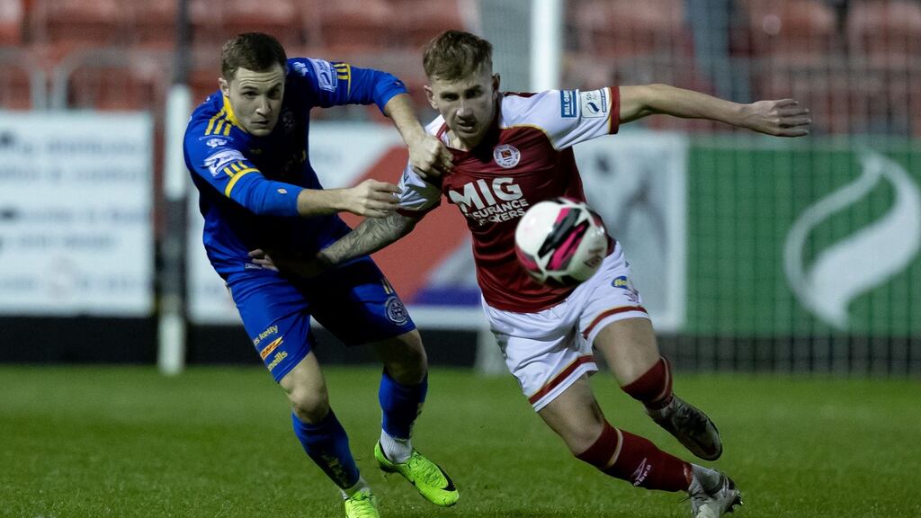 St Patrick’s Athletic’s Jak Hickman and Liam Burt of Bohemians vie for the ball during a recent league game between the teams. Photo: Morgan Treacy/Inpho