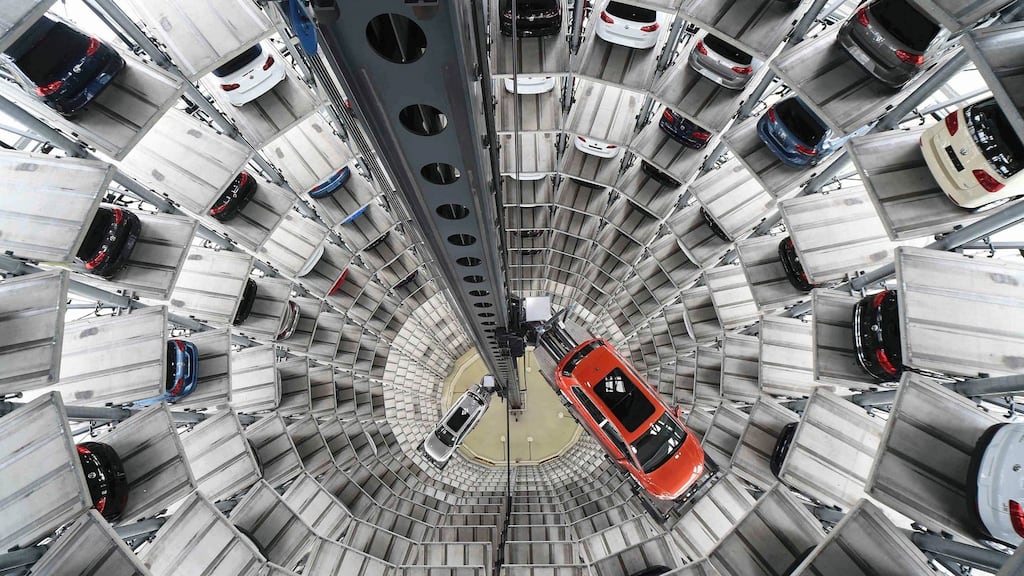 Volkswagen cars on a delivery tower at the Volkswagen plant in Wolfsburg, Germany. Photograph: Fabian Bimmer/Reuters