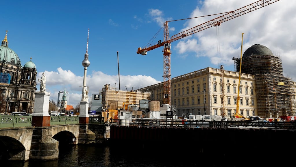 Construction at the Berliner Schloss (Berlin City Palace) Humboldtforum. The mood among German investors improved by much more than expected in March, a survey has revealed. Photograph: Reuters