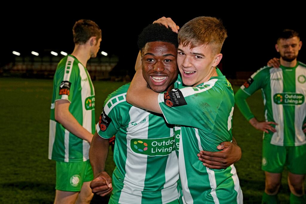 Zayd Abada and Billy O`Neill of Bray Wanderers celebrate after their First Division playoff final victory over Athlone Town at Dalymount Park. Photograph: James Lawler/Inpho