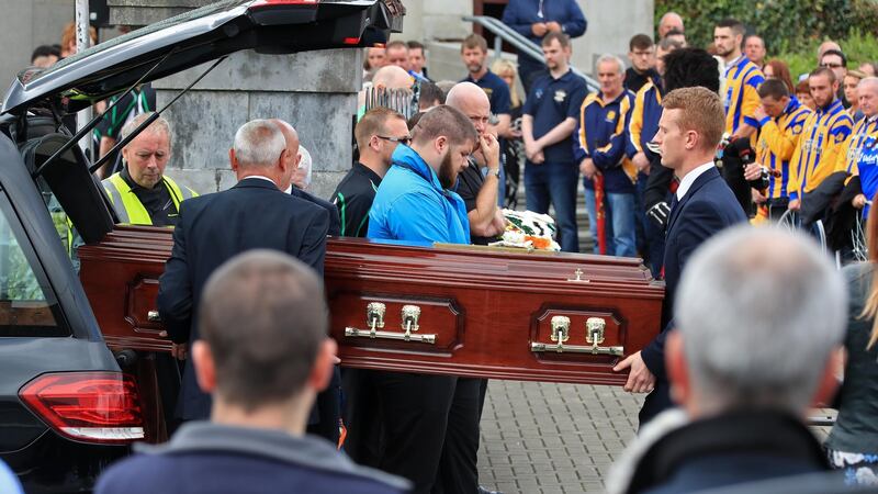 Dermot Byrne’s coffin being carried into St Colmcille’s Church in Swords ahead of his funeral Mass. Photograph: Colin Keegan/Collins Dublin