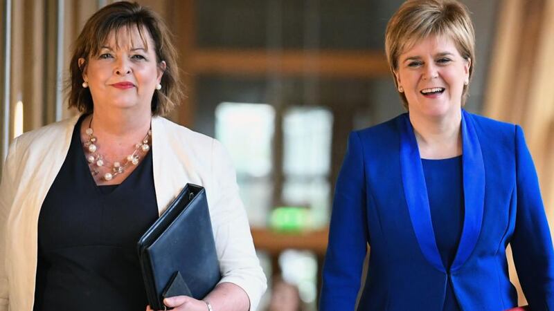 Scotland’s First Minister, Nicola Sturgeon, and Fiona Hyslop. Photograph: Jeff J Mitchell/Getty Images