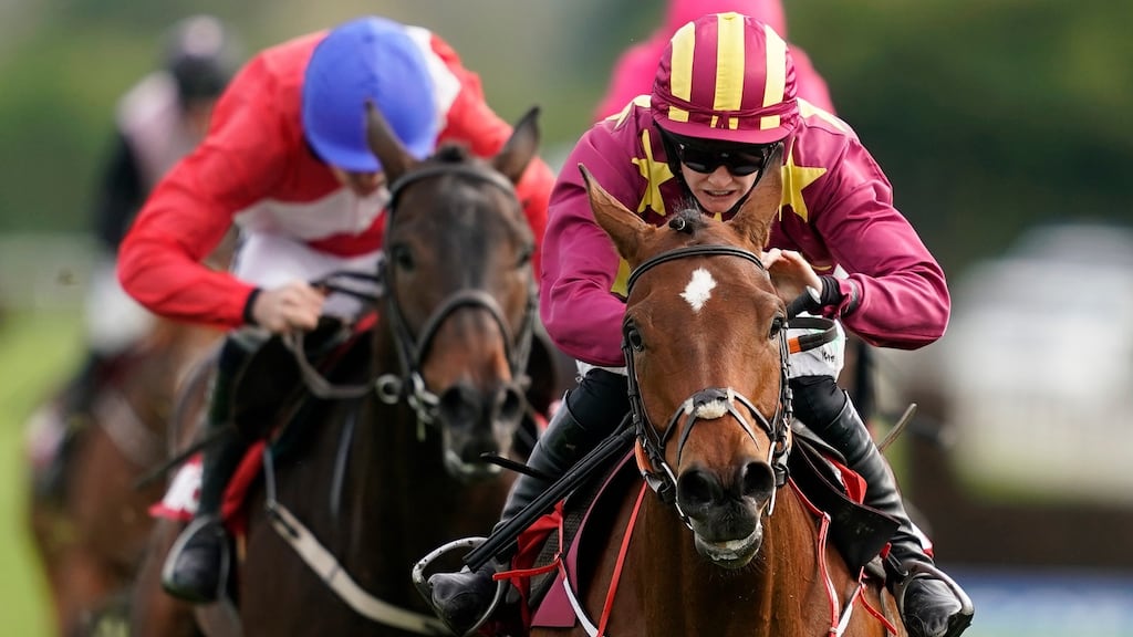 Rachel Blackmore riding Minella Indo clear the last to win The Irish Daily Mirror Novice Hurdle at Punchestown. Photograph: Alan Crowhurst/Getty Images