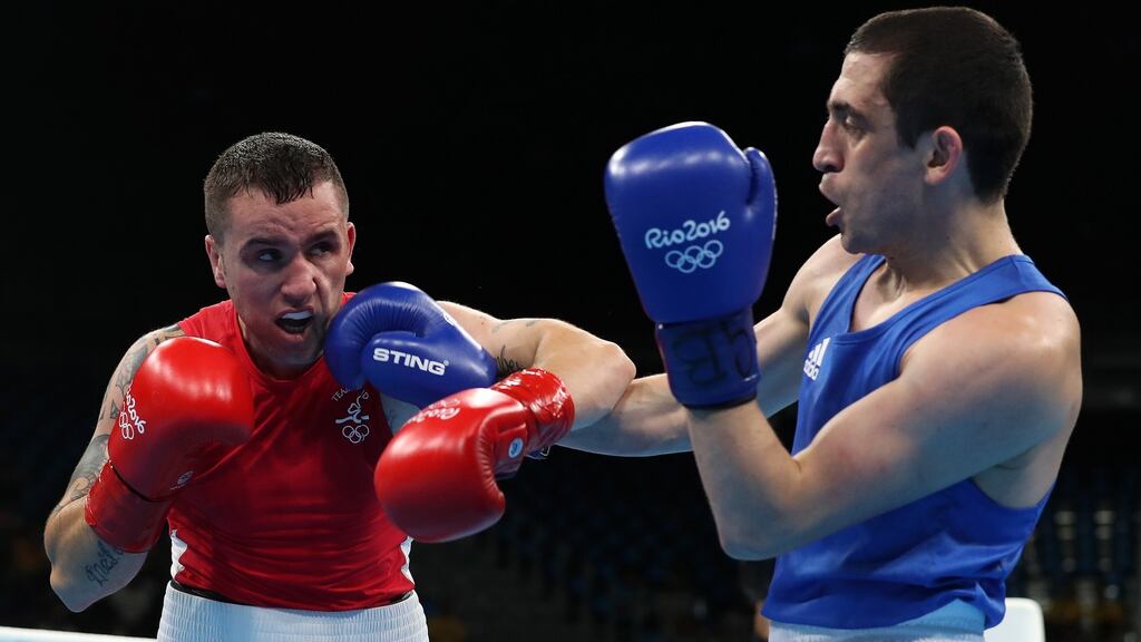 David Oliver Joyce (red) in action against Albert Selimov of Azerbaijan in the men’s lightweight round of 16 bout in Rio. Photograph: Dan Sheridan/Inpho