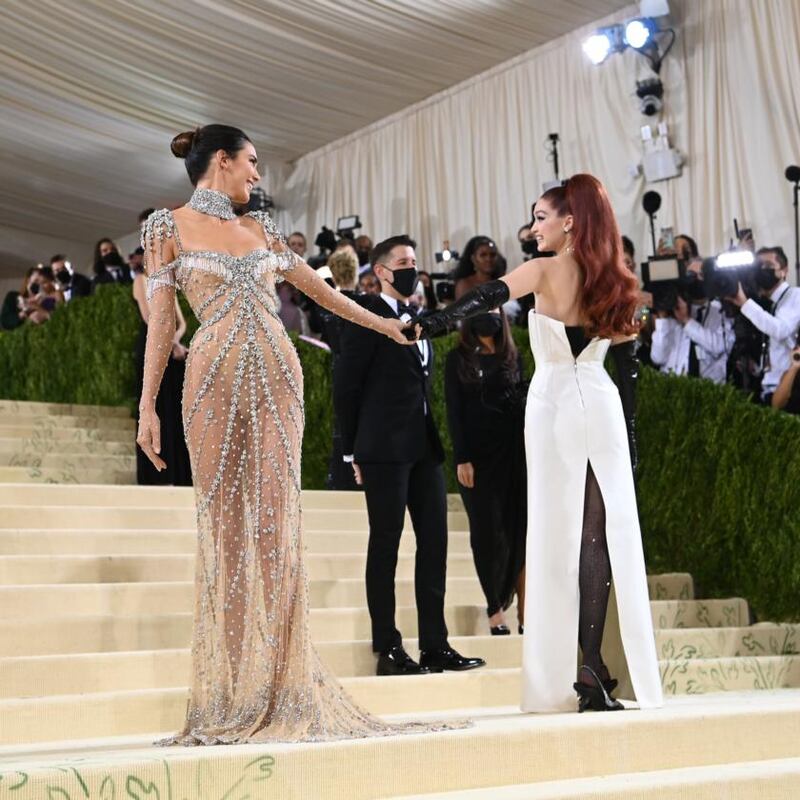 Kendall Jenner, left, and Gigi Hadid at the Metropolitan Museum of Art's Costume Institute benefit gala in New York, Sept. 13, 2021. (Nina Westervelt/The New York Times)