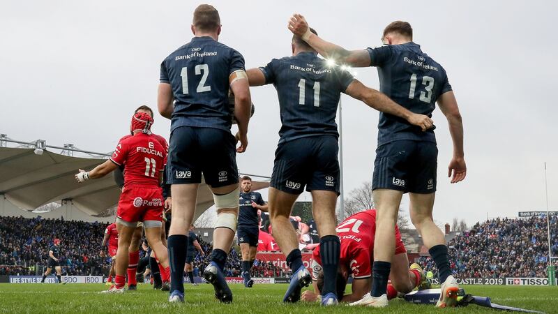 Heineken Champions Cup, Round 5, RDS, Dublin 12/1/2019Leinster v Toulouse Leinster's Dave Kearney celebrates his try with Rory O'Loughlin and Garry RingroseMandatory Credit ©INPHO/Dan Sheridan