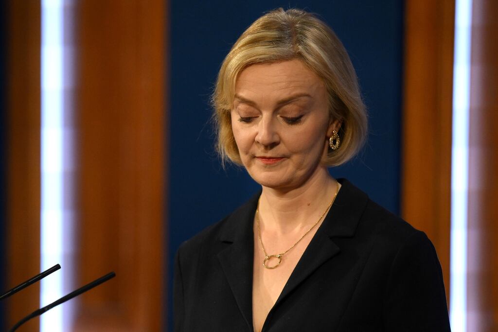 UK prime minister Liz Truss talks at a press conference after sacking her chancellor, Kwasi Kwarteng. Photograph: Daniel Leal/WPA Pool/Getty Images